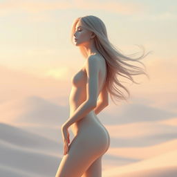 A beautiful AI-generated female figure, with soft skin and elegant curves, standing in a serene, abstract landscape