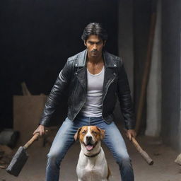 Maintain the image of a single muscular Indian man in a black leather jacket and white shirt with a sledgehammer, a single scared Indian girl in a t-shirt and jeans taking shelter behind him, and a loyal Indian Pariah dog, all situated within a dark setting.