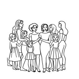 An outlined coloring image featuring a diverse group of women and girls of various ages and skin colors standing together, holding hands in a circle to symbolize unity and solidarity