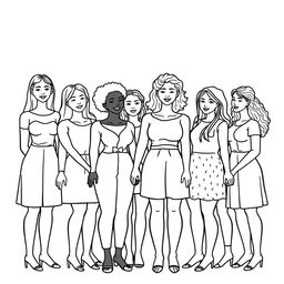 An outlined coloring image featuring a diverse group of women and girls of various ages and skin colors standing together, holding hands in a circle to symbolize unity and solidarity