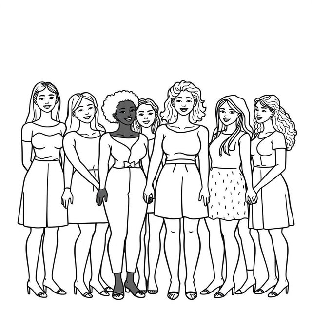 An outlined coloring image featuring a diverse group of women and girls of various ages and skin colors standing together, holding hands in a circle to symbolize unity and solidarity