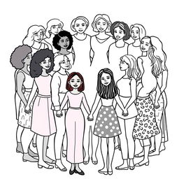 An outlined coloring image featuring a diverse group of women and girls of various ages and skin colors standing together, holding hands in a circle to symbolize unity and solidarity