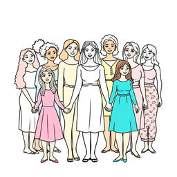 An outlined coloring image featuring a diverse group of women and girls of various ages and skin colors standing together, holding hands in a circle to symbolize unity and solidarity