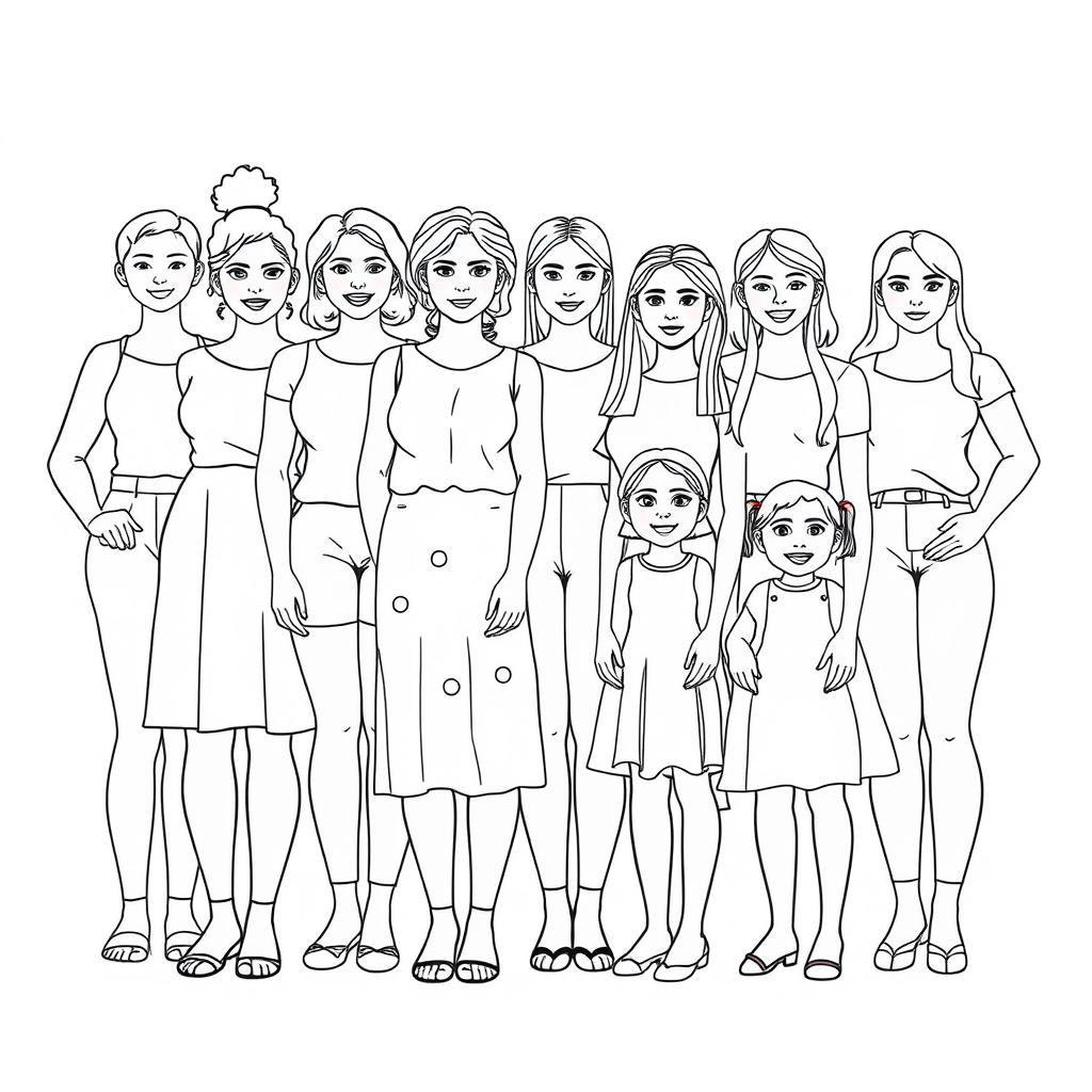 A realistic outlined coloring image depicting a diverse group of women and girls of various ages, body sizes, and skin colors standing together side by side