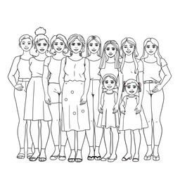 A realistic outlined coloring image depicting a diverse group of women and girls of various ages, body sizes, and skin colors standing together side by side