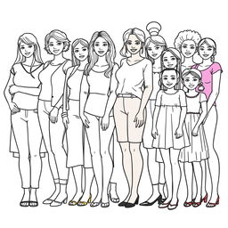 A realistic outlined coloring image depicting a diverse group of women and girls of various ages, body sizes, and skin colors standing together side by side