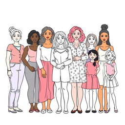 A realistic outlined coloring image depicting a diverse group of women and girls of various ages, body sizes, and skin colors standing together side by side