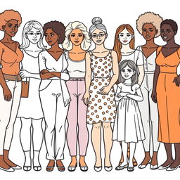 A realistic outlined coloring image depicting a diverse group of women and girls of various ages, body sizes, and skin colors standing together side by side