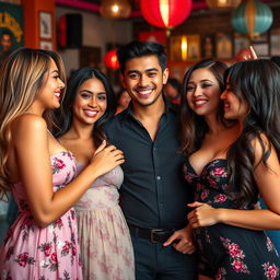 A handsome Indonesian man of Russian descent, exuding charm and charisma, surrounded by three beautiful Asian women with alluring figures, playfully teasing and engaging with him