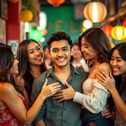 A handsome Indonesian man of Russian descent, exuding charm and charisma, surrounded by three beautiful Asian women with alluring figures, playfully teasing and engaging with him