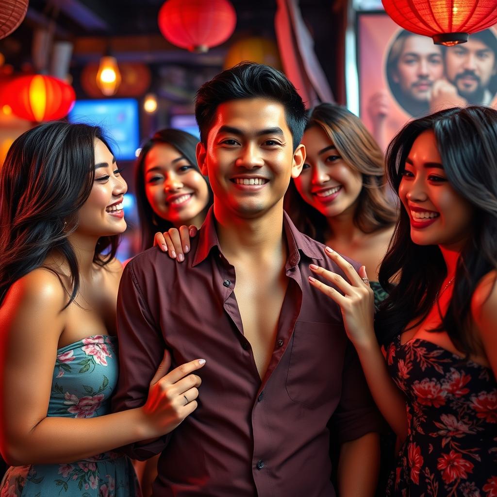 A handsome Indonesian man of Russian descent, exuding charm and charisma, surrounded by three beautiful Asian women with alluring figures, playfully teasing and engaging with him