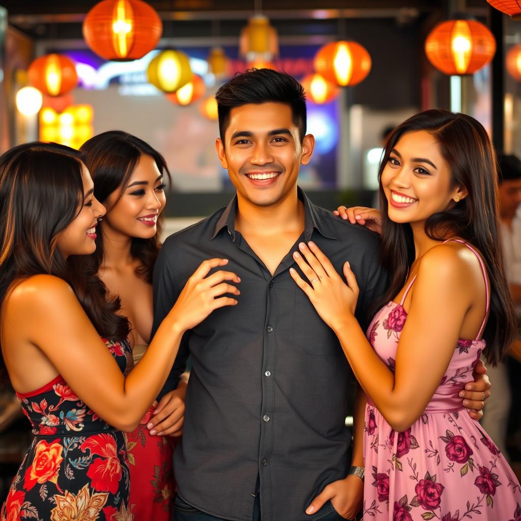 A handsome Indonesian man of Russian descent, exuding charm and charisma, surrounded by three beautiful Asian women with alluring figures, playfully teasing and engaging with him