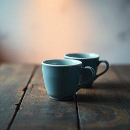 Two elegant coffee cups on a rustic wooden table, positioned closely, with one cup slightly angled towards the other