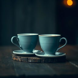 Two elegant coffee cups on a rustic wooden table, positioned closely, with one cup slightly angled towards the other