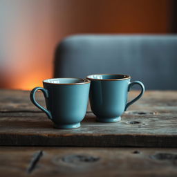 Two elegant coffee cups on a rustic wooden table, positioned closely, with one cup slightly angled towards the other