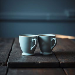 Two elegant coffee cups on a rustic wooden table, positioned closely, with one cup slightly angled towards the other