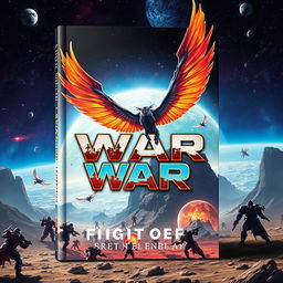 A book cover design featuring an epic war on a distant planet, with an expansive view of the universe in the background