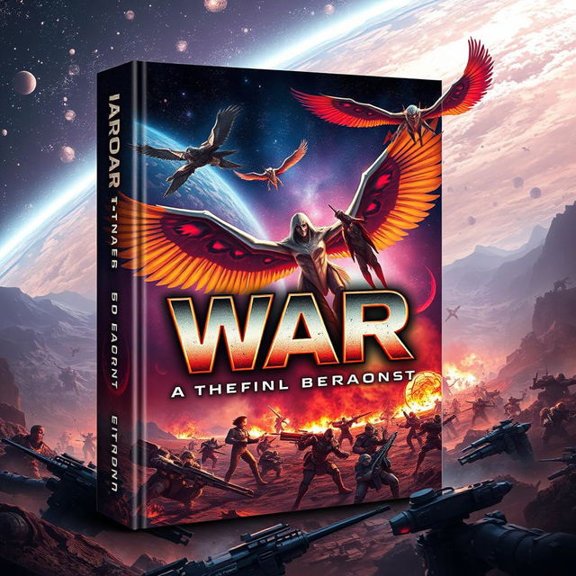 A book cover design featuring an epic war on a distant planet, with an expansive view of the universe in the background