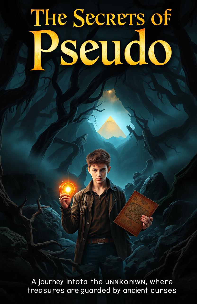 A captivating book cover for a fantasy adventure novel titled 'The Secrets of Pseudo'