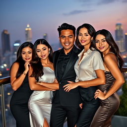 A handsome Indonesian man of mixed heritage, posing confidently with three beautiful Asian women who exude sophistication and allure