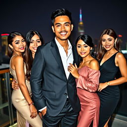 A handsome Indonesian man of mixed heritage, posing confidently with three beautiful Asian women who exude sophistication and allure