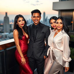 A handsome Indonesian man of mixed heritage, posing confidently with three beautiful Asian women who exude sophistication and allure