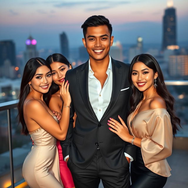 A handsome Indonesian man of mixed heritage, posing confidently with three beautiful Asian women who exude sophistication and allure