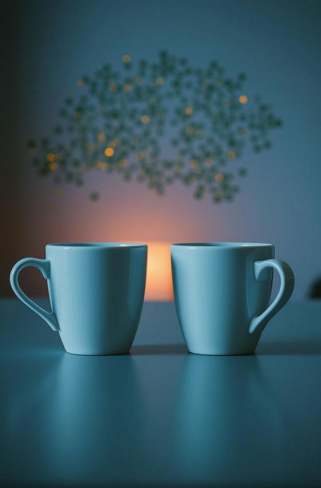 A minimalist book cover design featuring two light blue coffee mugs placed on a smooth, dark surface