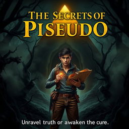 A thrilling book cover for 'The Secrets of Pseudo' featuring a dark, eerie forest filled with twisted trees and thick fog enveloping the scene