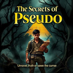 A thrilling book cover for 'The Secrets of Pseudo' featuring a dark, eerie forest filled with twisted trees and thick fog enveloping the scene