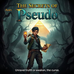 A thrilling book cover for 'The Secrets of Pseudo' featuring a dark, eerie forest filled with twisted trees and thick fog enveloping the scene