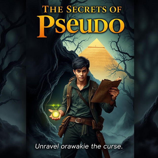 A thrilling book cover for 'The Secrets of Pseudo' featuring a dark, eerie forest filled with twisted trees and thick fog enveloping the scene