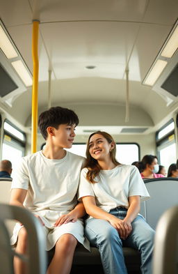 A minimalistic scene featuring a young couple on a bus