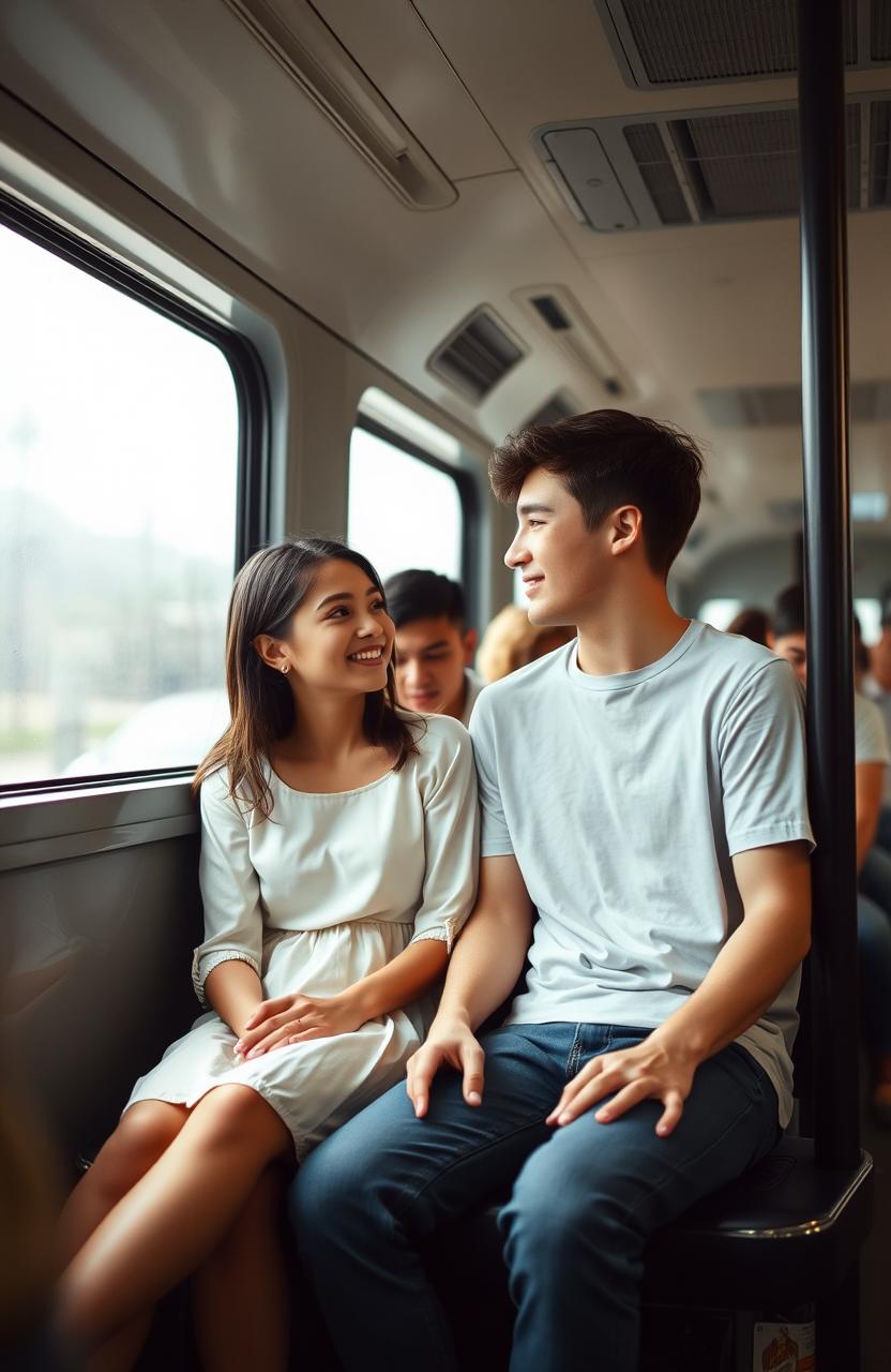 A minimalistic scene featuring a young couple on a bus