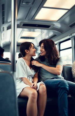 A minimalistic scene featuring a young couple on a bus