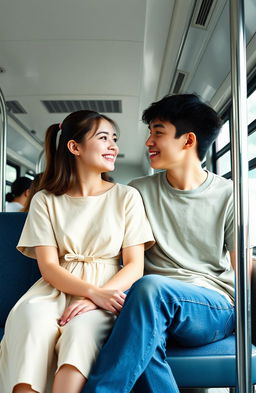 A minimalistic scene featuring a young couple on a bus