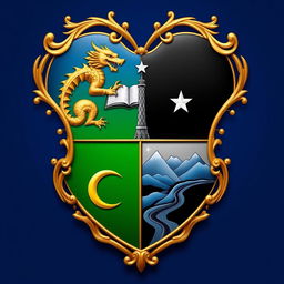 A royal shield designed in the shape of a classic heart, featuring a deep blue background