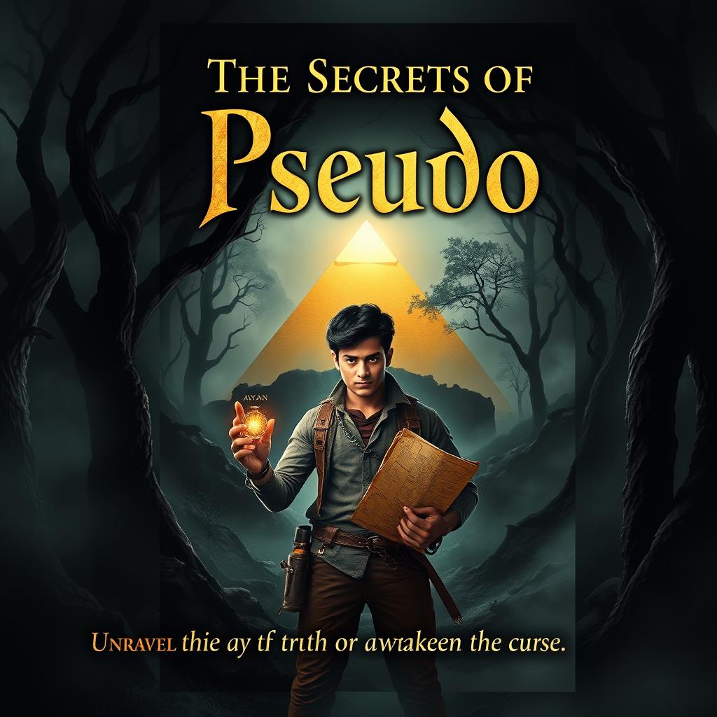 A thrilling book cover for 'The Secrets of Pseudo' featuring a dark, eerie forest with twisted trees and a thick fog enveloping the scene