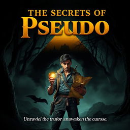 A thrilling book cover for 'The Secrets of Pseudo' featuring a dark, eerie forest with twisted trees and a thick fog enveloping the scene