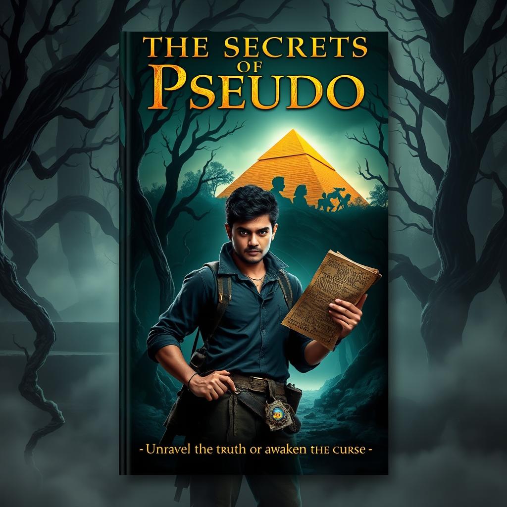 A thrilling book cover for 'The Secrets of Pseudo' featuring a dark, eerie forest with twisted trees and a thick fog enveloping the scene