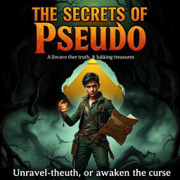 A thrilling book cover for 'The Secrets of Pseudo' featuring a dark, eerie forest with twisted trees and a thick fog enveloping the scene