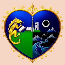 A royal shield designed in the classic shape of a heart, featuring a deep blue background