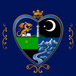 A royal shield designed in the classic shape of a heart, featuring a deep blue background