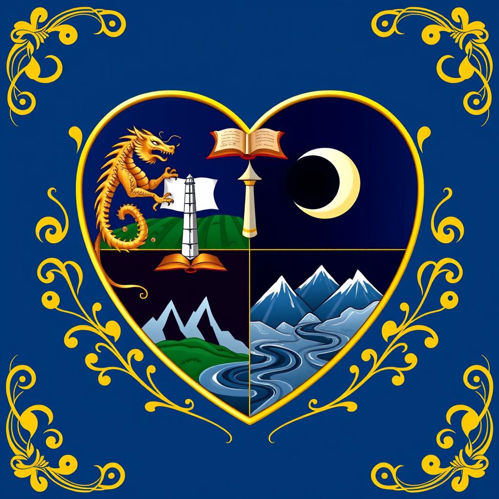 A royal shield designed in the classic shape of a heart, featuring a deep blue background