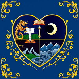 A royal shield designed in the classic shape of a heart, featuring a deep blue background