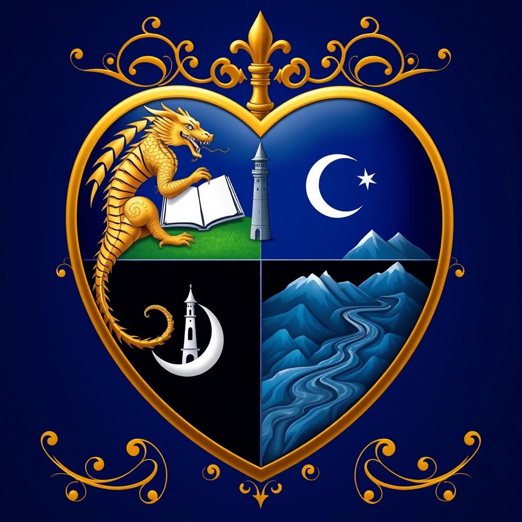 A royal shield designed in the classic shape of a heart, featuring a deep blue background