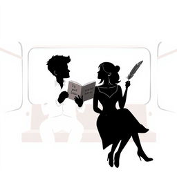 A minimalistic silhouette drawing of a couple on a bus