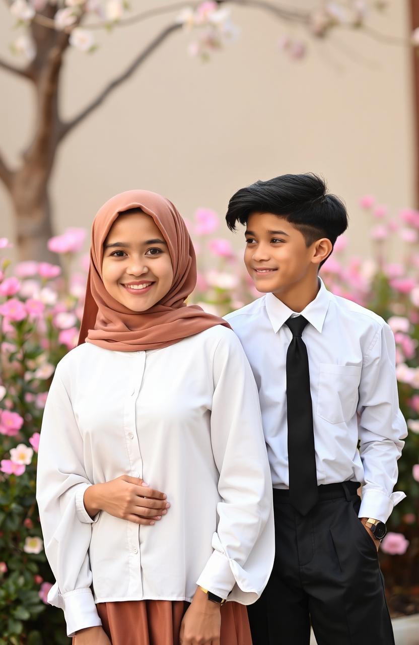 A teenage girl wearing a beautifully styled hijab and an elegant abaya, standing confidently