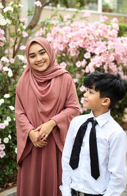 A teenage girl wearing a beautifully styled hijab and an elegant abaya, standing confidently