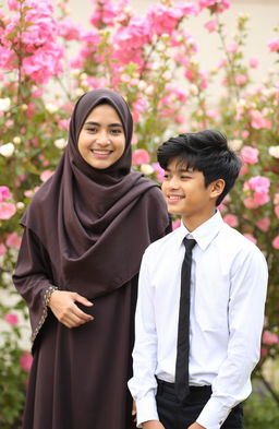 A teenage girl wearing a beautifully styled hijab and an elegant abaya, standing confidently